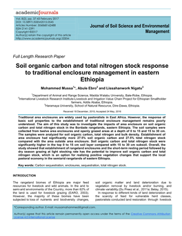 Soil Organic Carbon and Total Nitrogen Stock Response to Traditional Enclosure Management in Eastern Ethiopia
