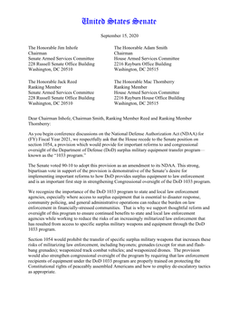 September 15, 2020 the Honorable Jim Inhofe Chairman Senate Armed Services Committee 228 Russell Senate Office Building Washingt