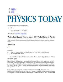 Weiss, Barish, and Thorne Share 2017 Nobel Prize in Physics