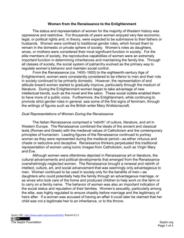 Women from the Renaissance to the Enlightenment the Status and Representation of Women for the Majority of Western History Was Oppressive and Restrictive