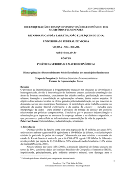 Hierarquização E Desenvolvimento Sócio-Econômico Dos Municípios Fluminenses