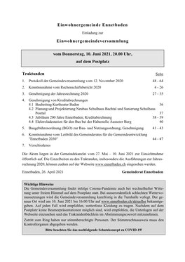 Einwohnergemeindeversammlung Vom Donnerstag, 10. Juni 2021