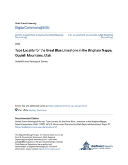 Type Locality for the Great Blue Limestone in the Bingham Nappe, Oquirrh Mountains, Utah