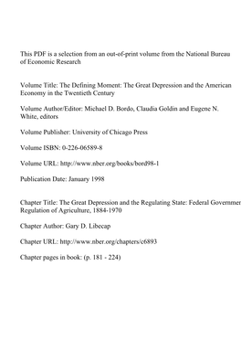 The Great Depression and the Regulating State: Federal Government Regulation of Agriculture, 1884-1970