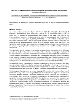 Joint Civil Society Submission to the UN Human Rights Committee in Relation to Its Follow-Up Procedure on Cambodia