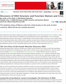 Discovery of DNA Structure and Function: Watson and Crick By: Leslie A