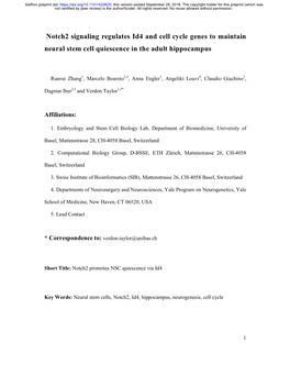 Notch2 Signaling Regulates Id4 and Cell Cycle Genes to Maintain Neural Stem Cell Quiescence in the Adult Hippocampus