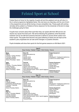 Felsted Sport Spring Term Return Sport Plan