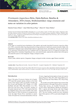 Pristimantis Tinguichaca Brito, Ojala-Barbour, Batallas & Almendariz, 2016 (Anura, Strabomantidae): Range Extension and Notes on Variation in Color Pattern