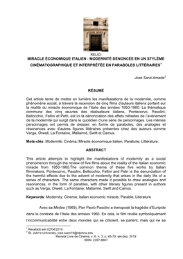 Miracle Économique Italien : Modernité Dénoncée En Un Stylème Cinématographique Et Interprétée En Paraboles Littéraires1