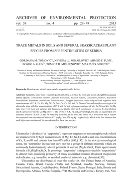 Trace Metals in Soils and Several Brassicaceae Plant Species from Serpentine Sites of Serbia