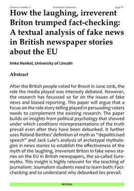 How the Laughing, Irreverent Briton Trumped Fact-Checking: a Textual Analysis of Fake News in British Newspaper Stories About the EU