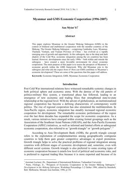 The Role of Myanmar in Greater Mekong Subregion (1996-2005)