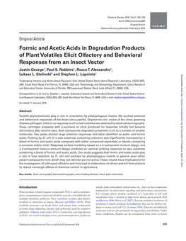 Formic and Acetic Acids in Degradation Products of Plant Volatiles Elicit Olfactory and Behavioral Responses from an Insect Vector Justin George1, Paul S