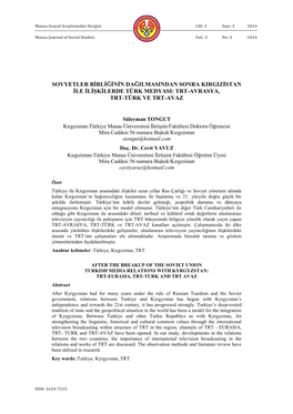 Sovyetler Birliğinin Dağılmasından Sonra Kırgızistan Ile İlişkilerde Türk Medyası: TRT-Avrasya, TRT-Türk Ve TRT-Avaz 135