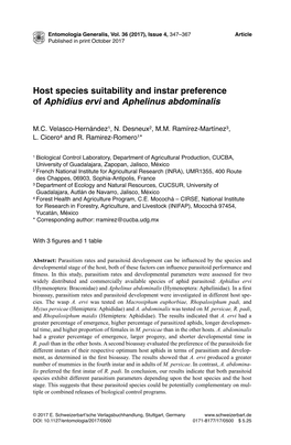 Host Species Suitability and Instar Preference of Aphidius Ervi and Aphelinus Abdominalis