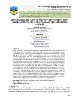 Gender and Household Food Insecurity Status Among Agro-Pastoral Communities of Chamwino and Chemba Districts, Tanzania , East