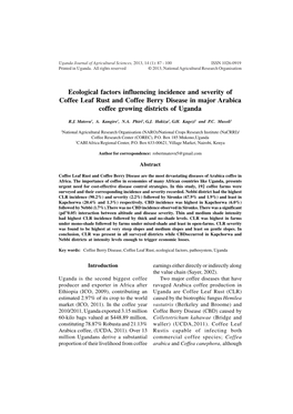 Ecological Factors Influencing Incidence and Severity of Coffee Leaf Rust and Coffee Berry Disease in Major Arabica Coffee Growing Districts of Uganda