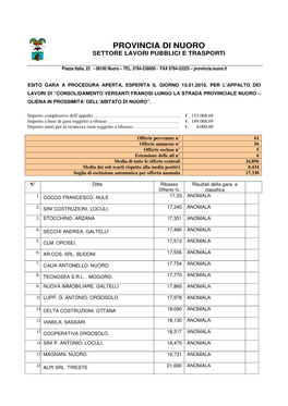 Provincia Di Nuoro Settore Lavori Pubblici E Trasporti