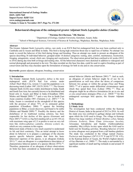 Behavioural Ethogram of the Endangered Greater Adjutant Stork Leptoptilos Dubius (Gmelin)