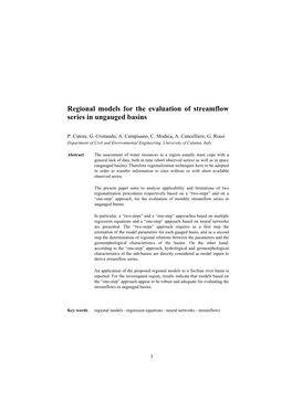 Regional Models for the Evaluation of Streamflow Series in Ungauged Basins