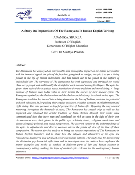 A Study on Impressions of the Ramayana in Indian English Writing