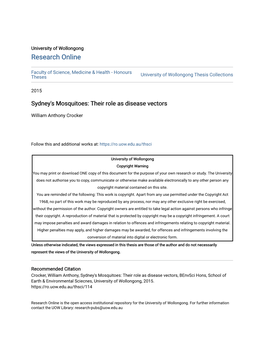 Sydney's Mosquitoes: Their Role As Disease Vectors