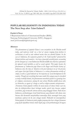 POPULAR RELIGIOSITY in INDONESIA TODAY the Next Step After ‘Islam Kultural’?