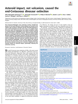 Asteroid Impact, Not Volcanism, Caused the End-Cretaceous Dinosaur Extinction