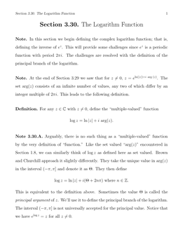 Section 3.30. the Logarithm Function 1 Section 3.30