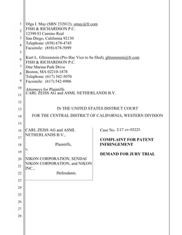 COMPLAINT for PATENT INFRINGEMENT 2 Plaintiffs, Carl Zeiss AG (“Zeiss”) and ASML Netherlands B.V