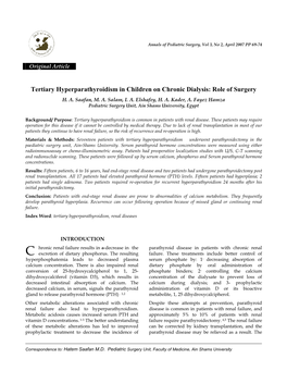 Tertiary Hyperparathyroidism in Children on Chronic Dialysis: Role of Surgery H