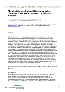 Chemical Composition and Nutritional Value of Emmer Wheat (Triticum Dicoccon Schrank): a Review