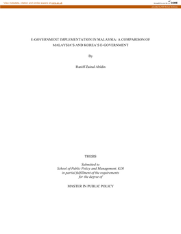 E-Government Implementation in Malaysia: a Comparison of Malaysia’S and Korea’S E-Government