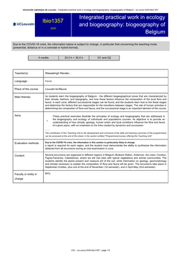 Biogeography of Belgium - En-Cours-2020-Lbio1357 Integrated Practical Work in Ecology Lbio1357 and Biogeography: Biogeography of 2020 Belgium