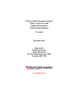 Wallowa Falls Hydroelectric Project FERC Project No. P-308 Updated Study Report (Final Technical Report)