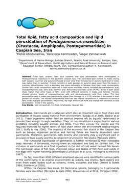 Total Lipid, Fatty Acid Composition and Lipid Peroxidation Of