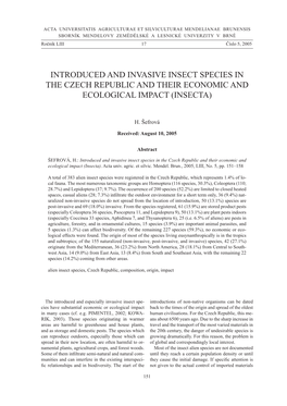 Introduced and Invasive Insect Species in the Czech Republic and Their Economic and Ecological Impact (Insecta)