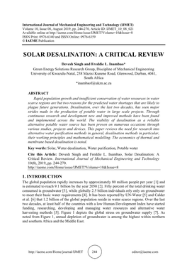 Solar Desalination: a Critical Review