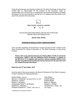 Overseas Regulatory Announcement: Disclosures Filed by Metro Pacific Investments Corporation