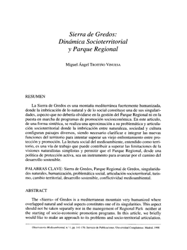 Sierra De Gredos: Dinámica Socioterritorial Y Parque Regional