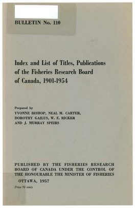 Index and List of Tities, Publications of the Fisheries Research Board of Canada, 1901-1954