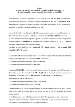 Raport Privind Executarea Programului De Reparație Periodică/Întreținere a Drumurilor Publice Locale, Comunale Şi a Străzilor Pe Anul 2020