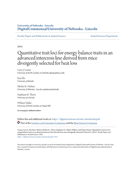 Quantitative Trait Loci for Energy Balance Traits in an Advanced Intercross Line Derived from Mice Divergently Selected for Heat Loss Larry J