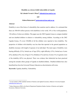 1 Disability As a Form of Child Vulnerability in Uganda by Lubaale