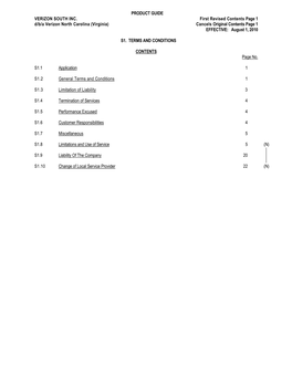 PRODUCT GUIDE VERIZON SOUTH INC. First Revised Contents Page 1 D/B/A Verizon North Carolina (Virginia) Cancels Original Contents Page 1 EFFECTIVE: August 1, 2010