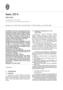 Innst. 233 S (2011–2012) Innstilling Til Stortinget Fra Kontroll- Og Konstitusjonskomiteen