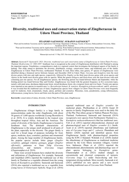 Diversity, Traditional Uses and Conservation Status of Zingiberaceae in Udorn Thani Province, Thailand