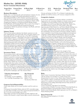 Hasbro Inc. (NYSE: HAS) Sector: Consumer Discretionary Target Price Current Price 52 Week High 52 Week Low P/E Market Cap