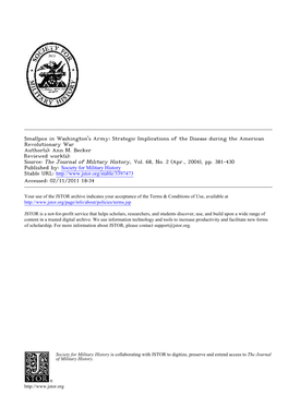 Smallpox in Washington's Army: Strategic Implications of the Disease During the American Revolutionary War Author(S): Ann M